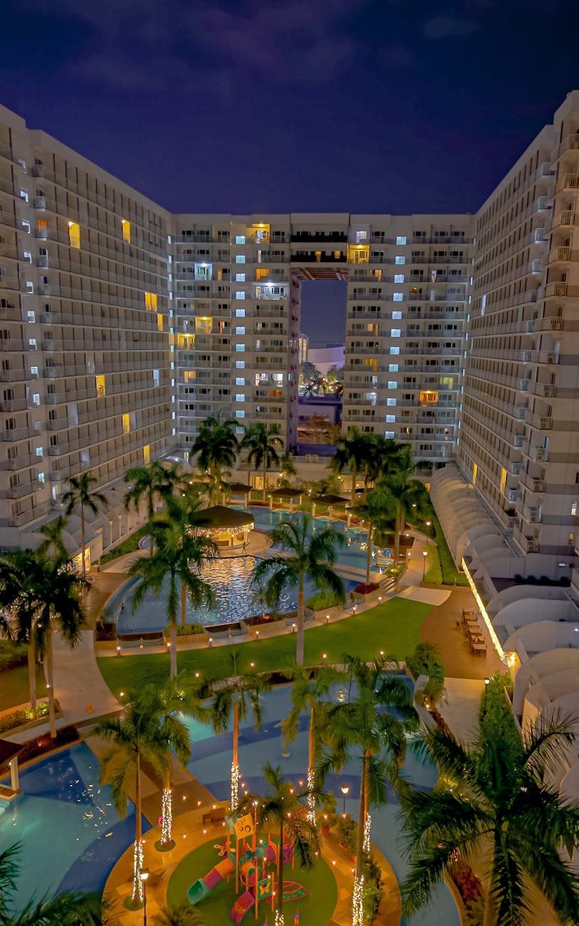 tropical hotel with palm trees